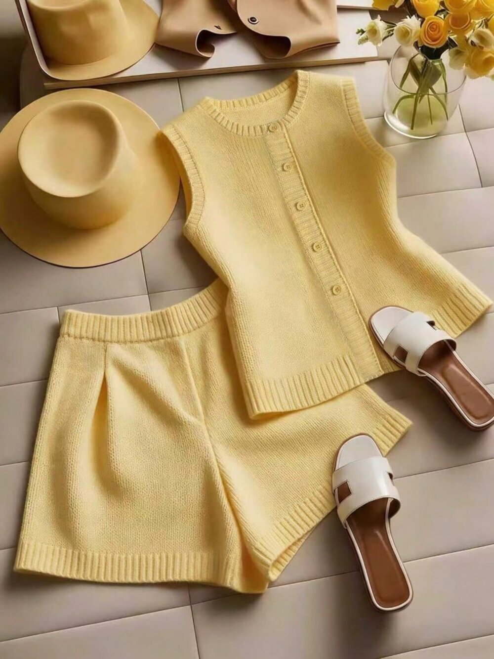 Yellow Casual Women's Knit Sweater Vest Cardigan shorts set